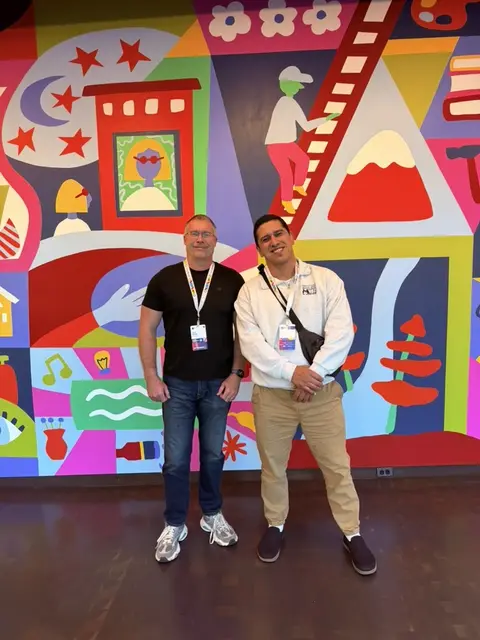 In front of the mural